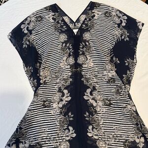 CAbi Navy and White Floral Striped Blouse